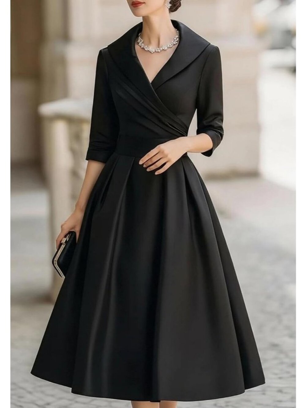 Women's Black Wrap Long Sleeve V-Neck Silky Casual Elegant Midi Church Dress - Picture 2 of 5